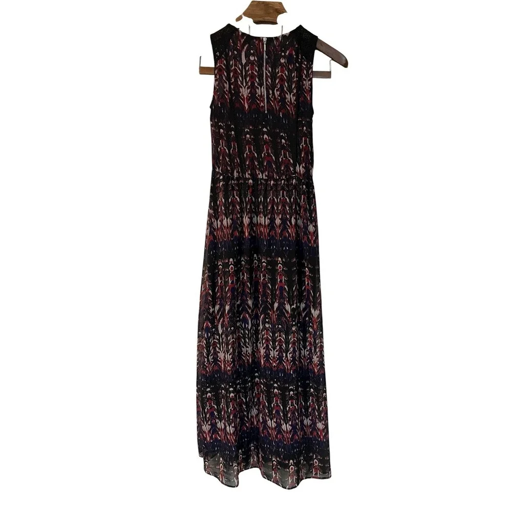 H & M Red Blue Black Lace Ikat Sleeveless Maxi Dress Pleats Slits Boho Artsy 2 - Picture 5 of 11